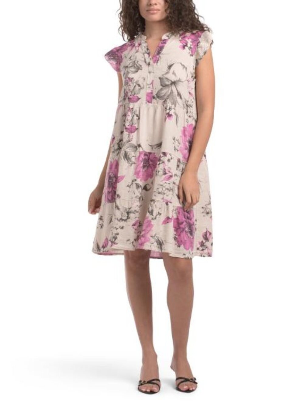 KAKTUS Made In Italy Linen Blend Baby Doll Floral Mini Dress